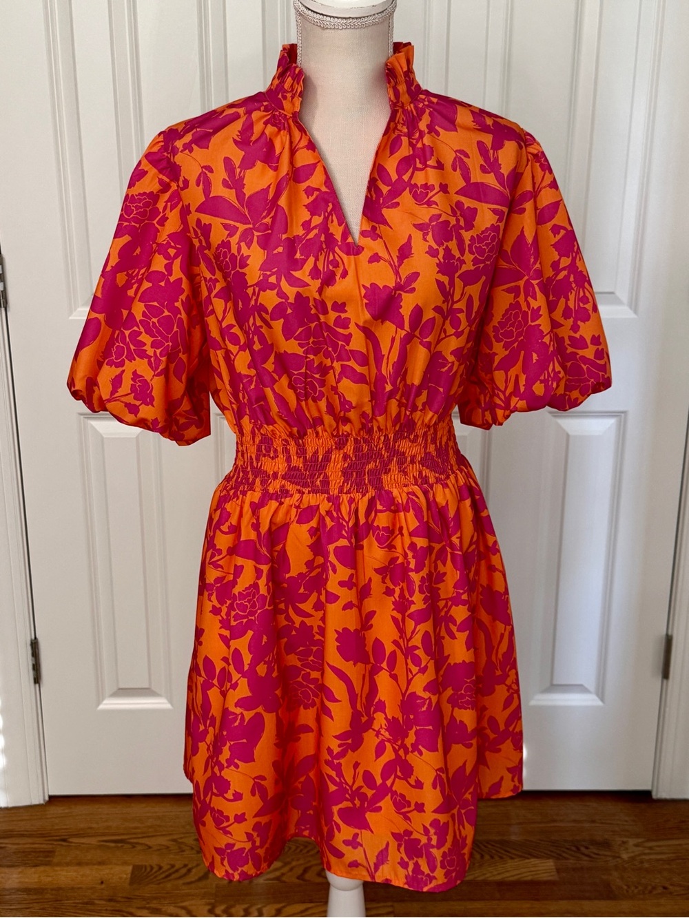 THML Orange and Pink Floral Smocked Waist Mini Dress Sz L - Picture 2 of 11